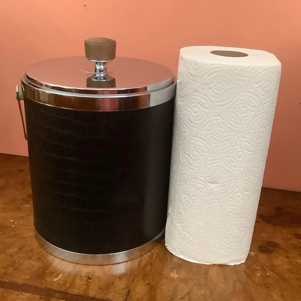 Vintage Retro Kromex Ice Bucket Faux Leather & Chrome Mid Century Modern -Read
